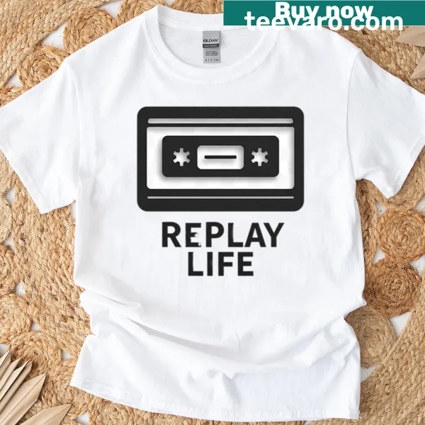 Playful t-shirt with the phrase 'Replay Life' in bold typography.
