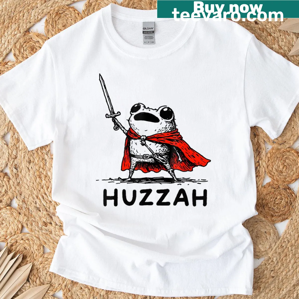 Funny frog knight t-shirt with sword and retro 'Huzzah!' quote — on a men's t-shirt