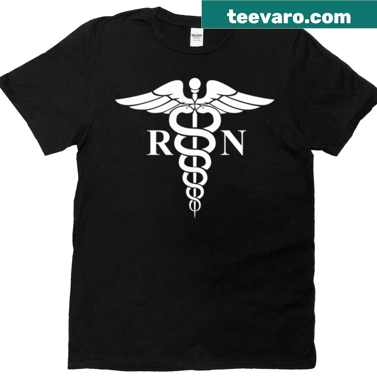 Caduceus symbol with RN text for nursing professionals — on a men's t-shirt