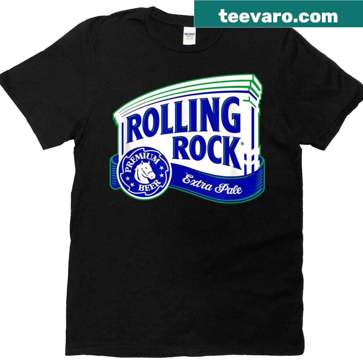Vintage Rolling Rock logo graphic on T-shirt — on a men's t-shirt