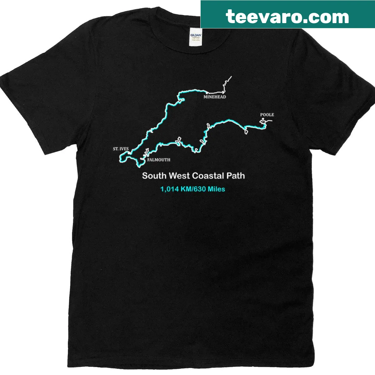 Graphic of South West Coast Path map on a T-shirt — on a men's t-shirt