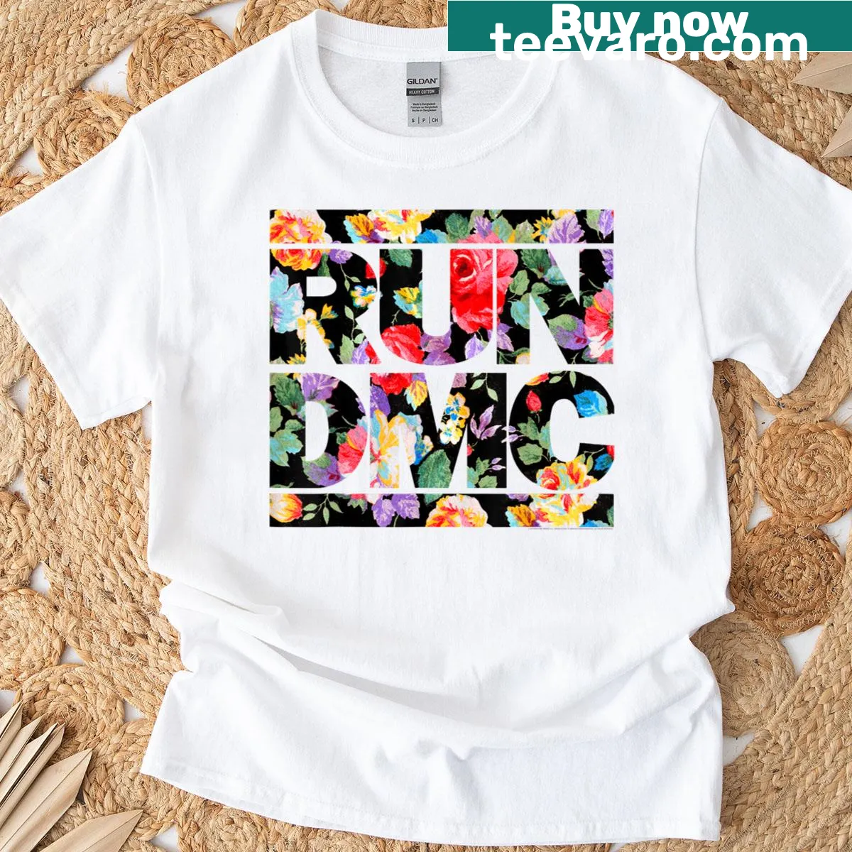 T-shirt featuring the official floral logo of Run DMC. — on a men's t-shirt
