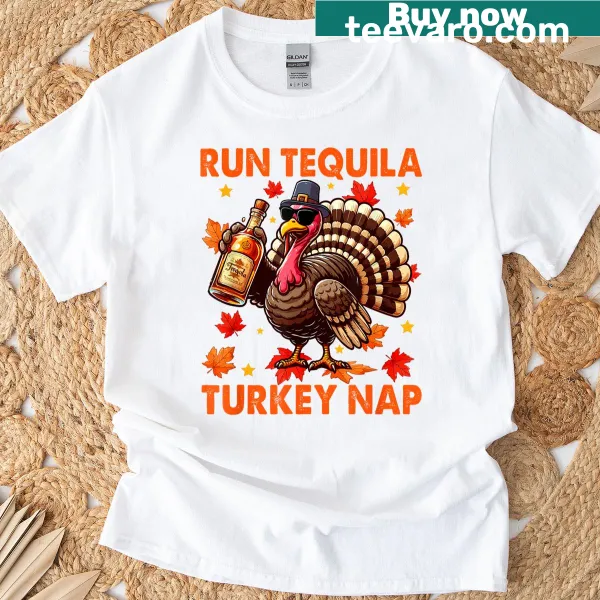 Cartoon turkey taking a nap with tequila on a Thanksgiving t-shirt