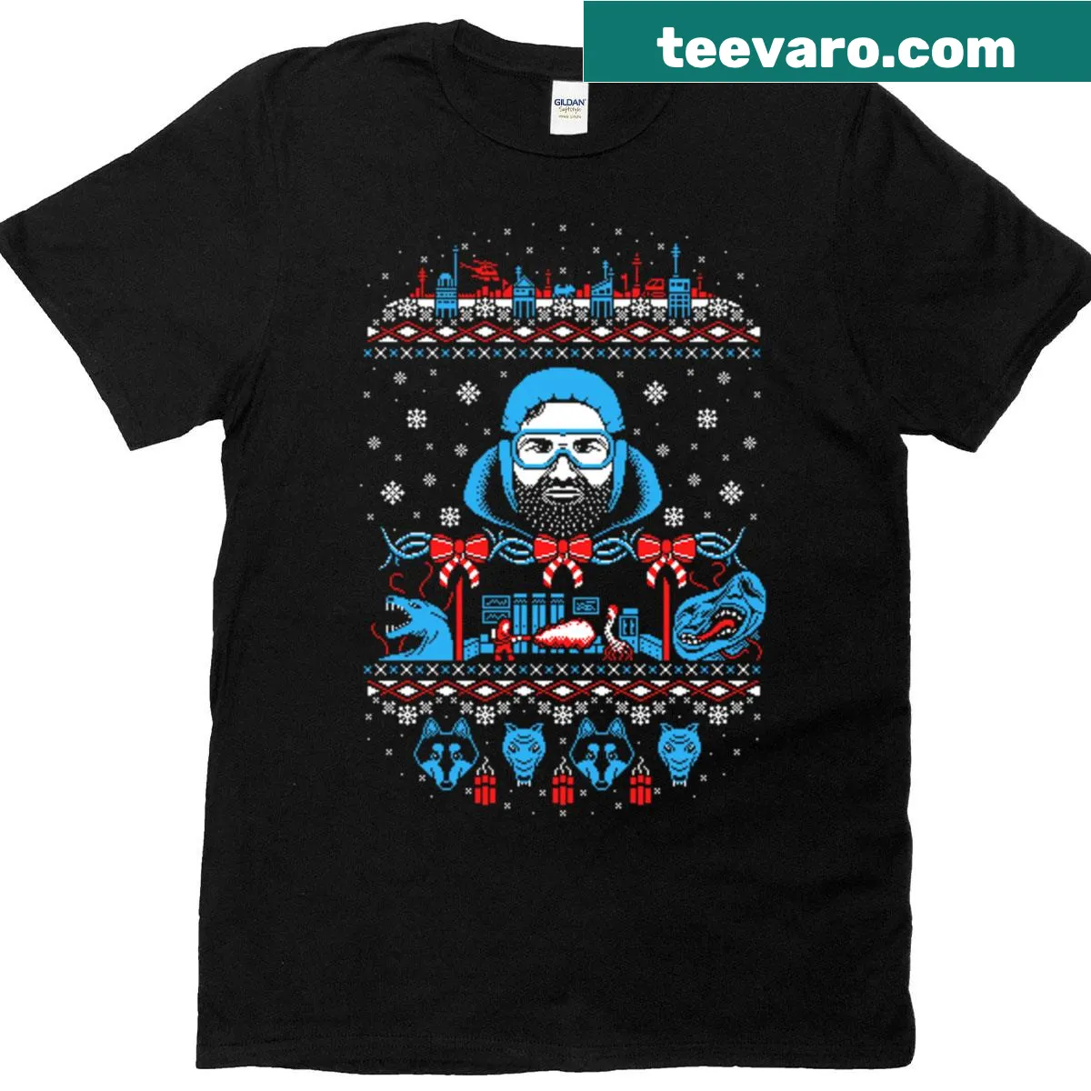 Whimsical holiday phrase graphic on T-shirt — on a men's t-shirt
