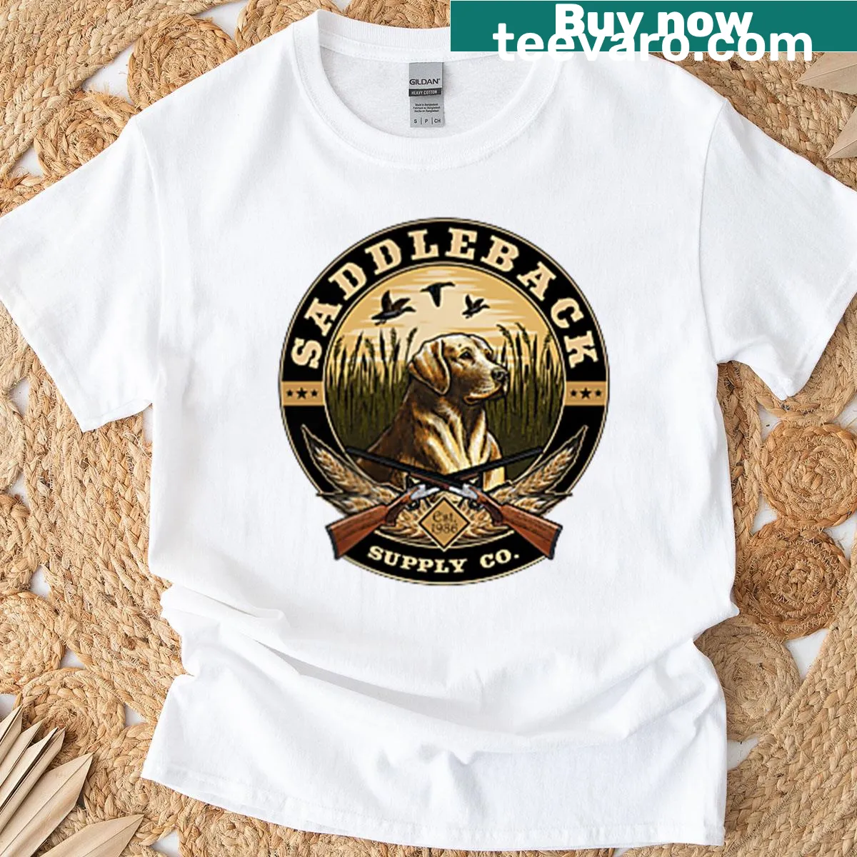 Saddleback Duck Hunting logo graphic t-shirt — on a men's t-shirt