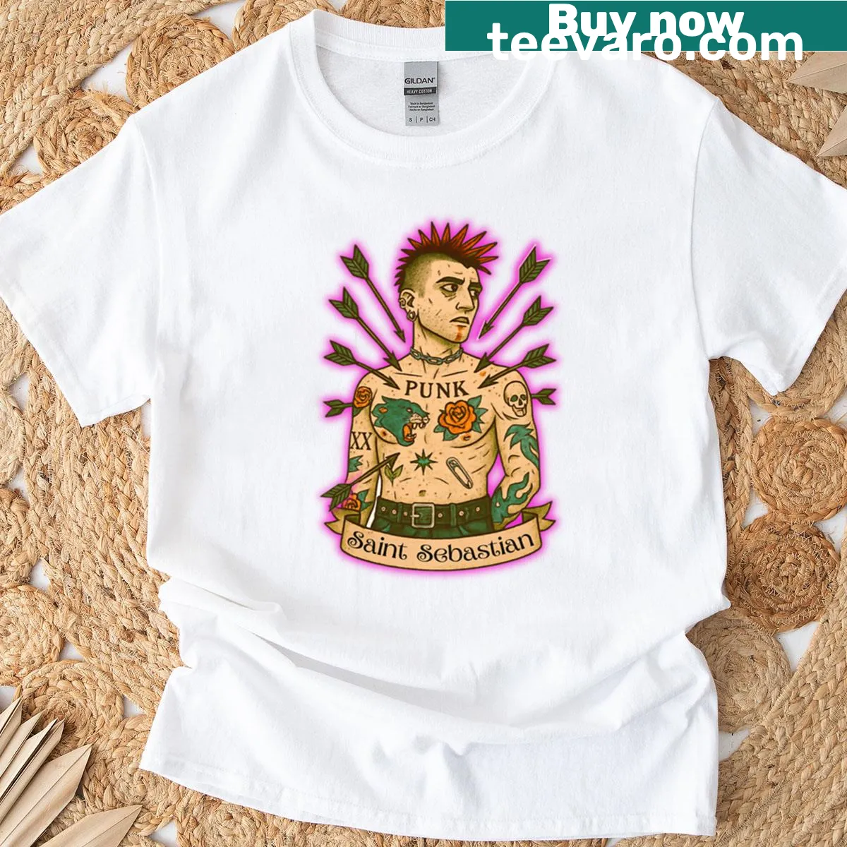 Artistic typography featuring Saint Sebastian — on a men's t-shirt