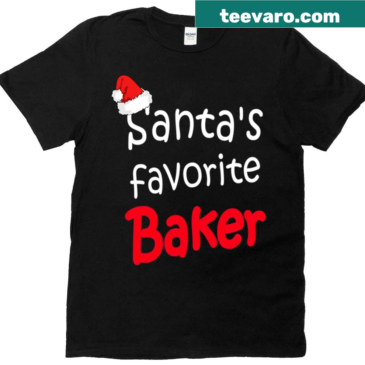 Cute T-shirt saying 'Santa's Favorite Baker' with festive illustrations — on a men's t-shirt