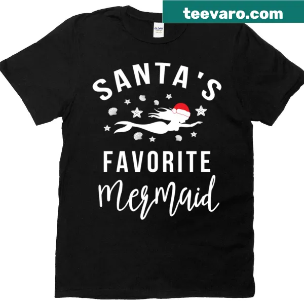 Whimsical design of a mermaid as Santa's favorite on a Christmas t-shirt