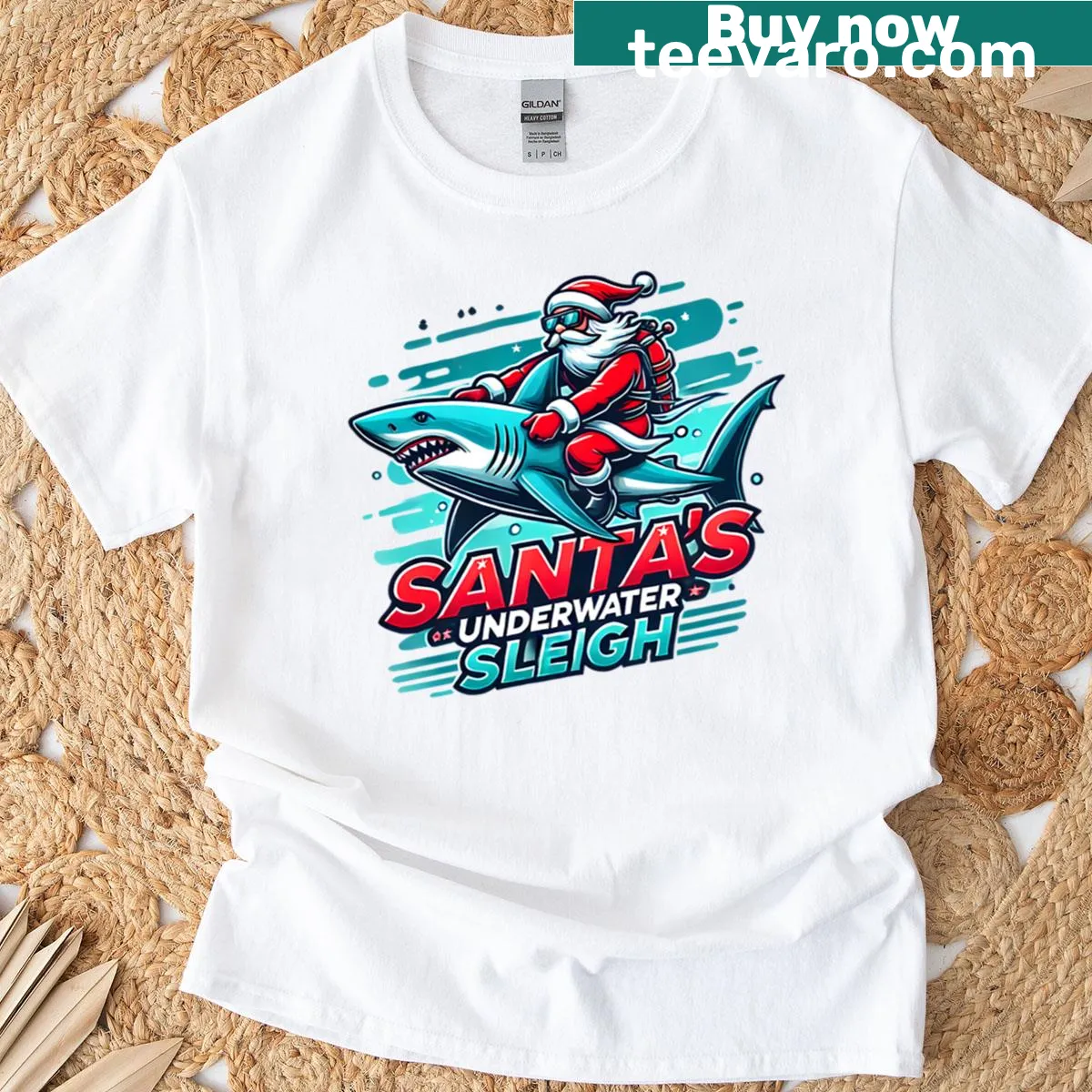 Cute T-shirt featuring Santa in a shark sleigh for kids — on a men's t-shirt