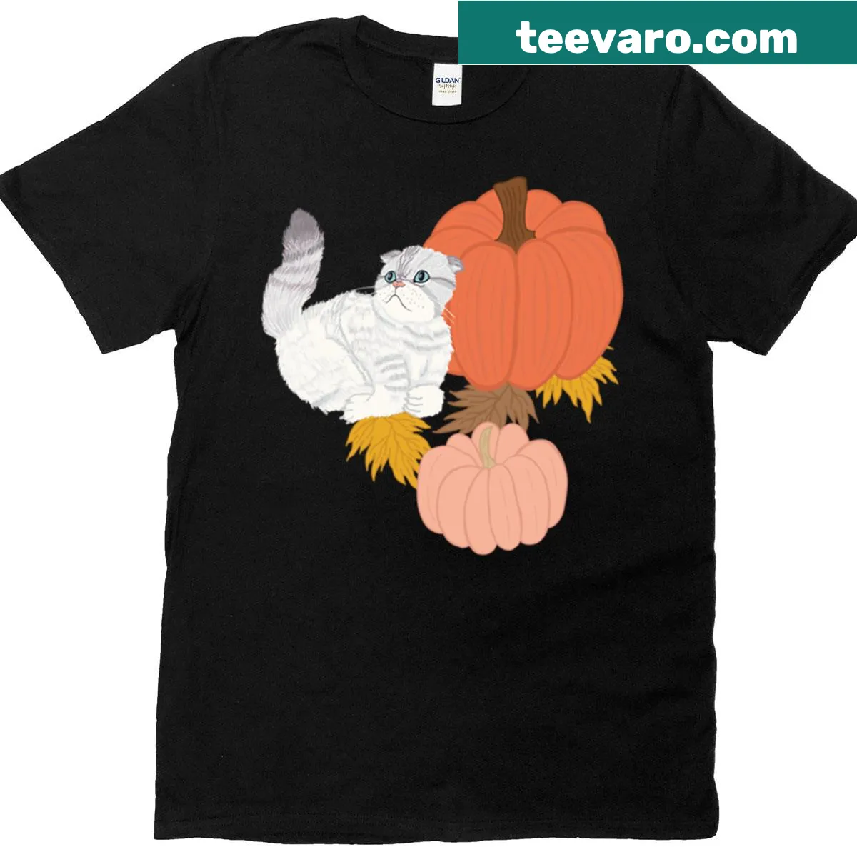 Scottish Fold cat with pumpkins and fall leaves illustration — on a men's t-shirt