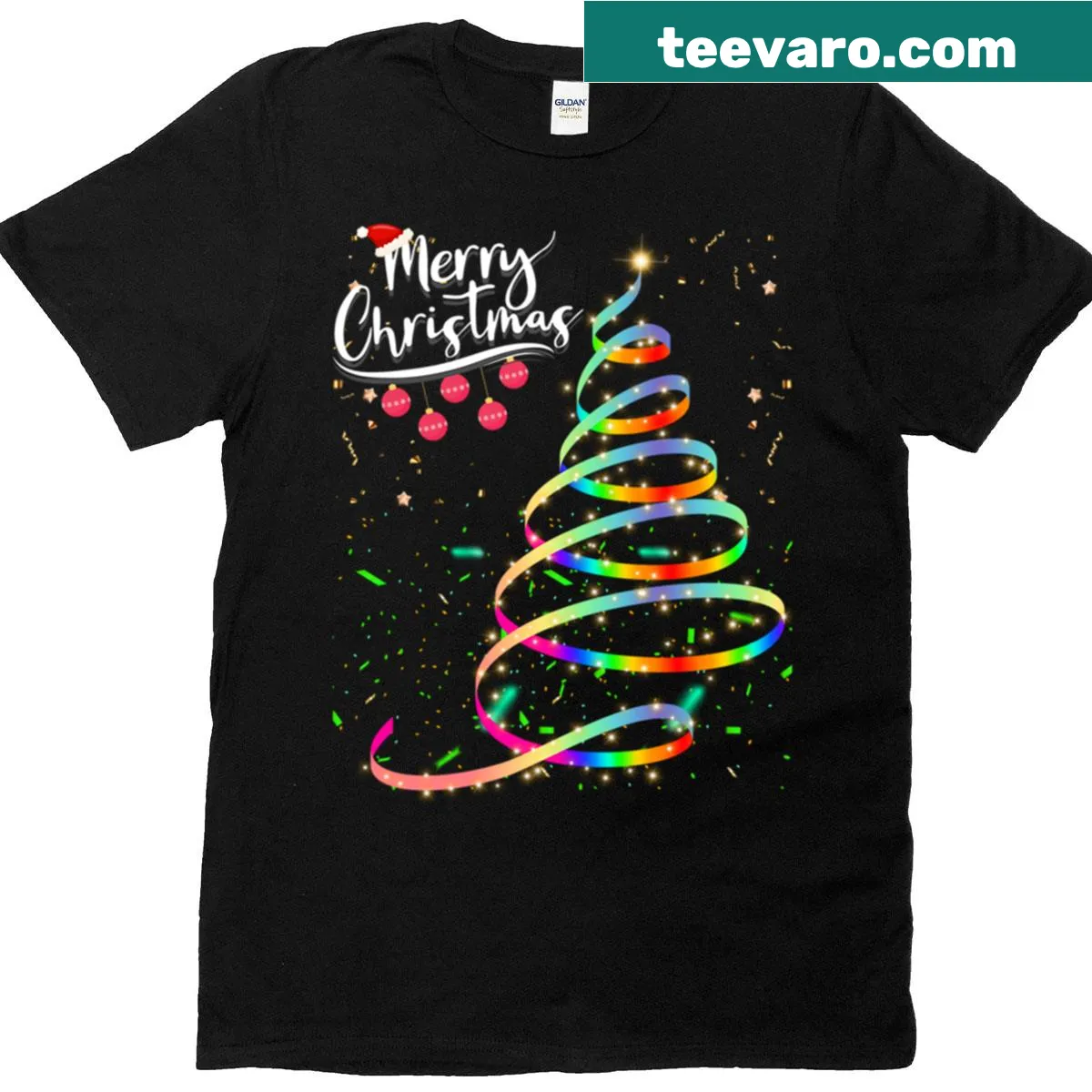 Whimsical Christmas tree design with sequins on a T-shirt — on a men's t-shirt