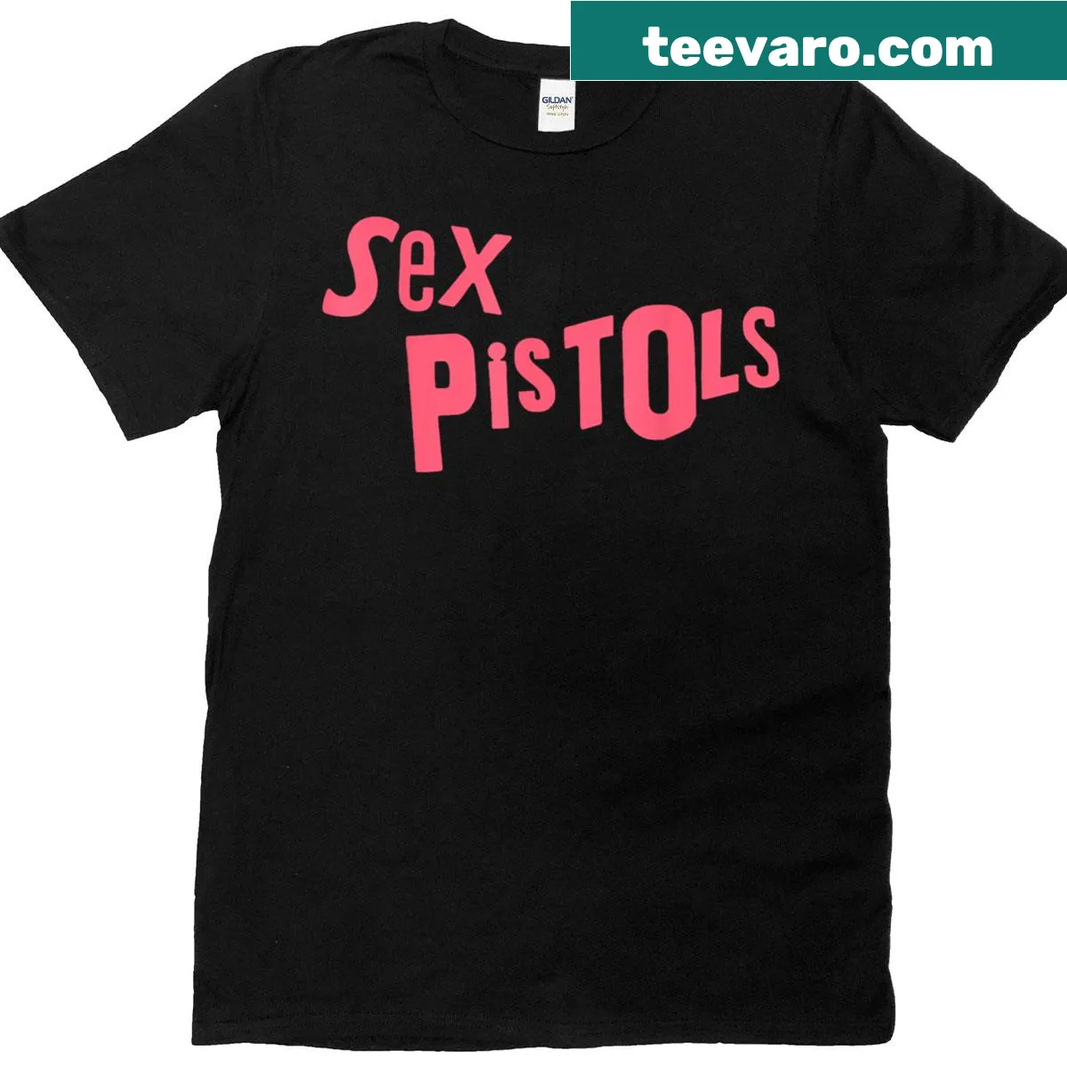 Distressed T-shirt with Sex Pistols official pink logo — on a men's t-shirt