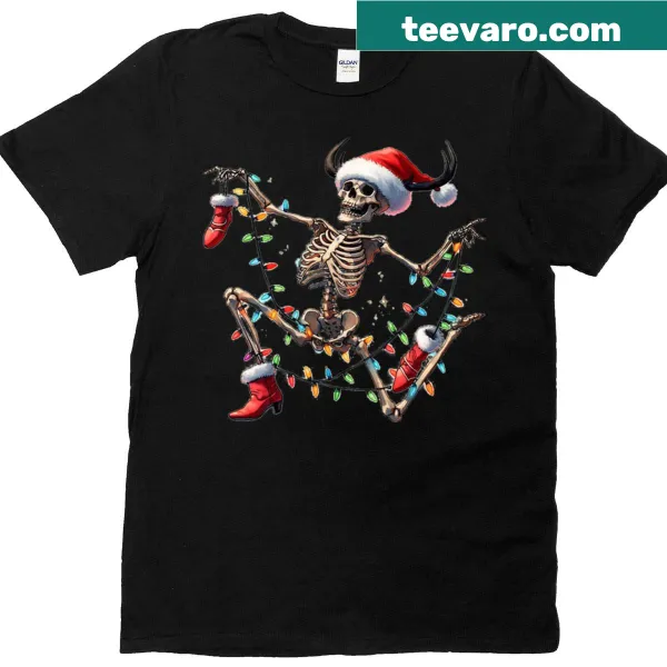 Playful skeleton design with Christmas lights on a festive t-shirt