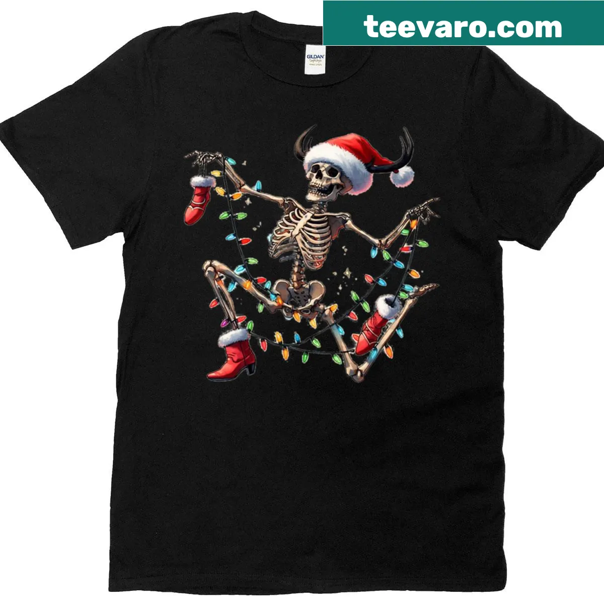 Playful skeleton design with Christmas lights on a festive t-shirt — on a men's t-shirt