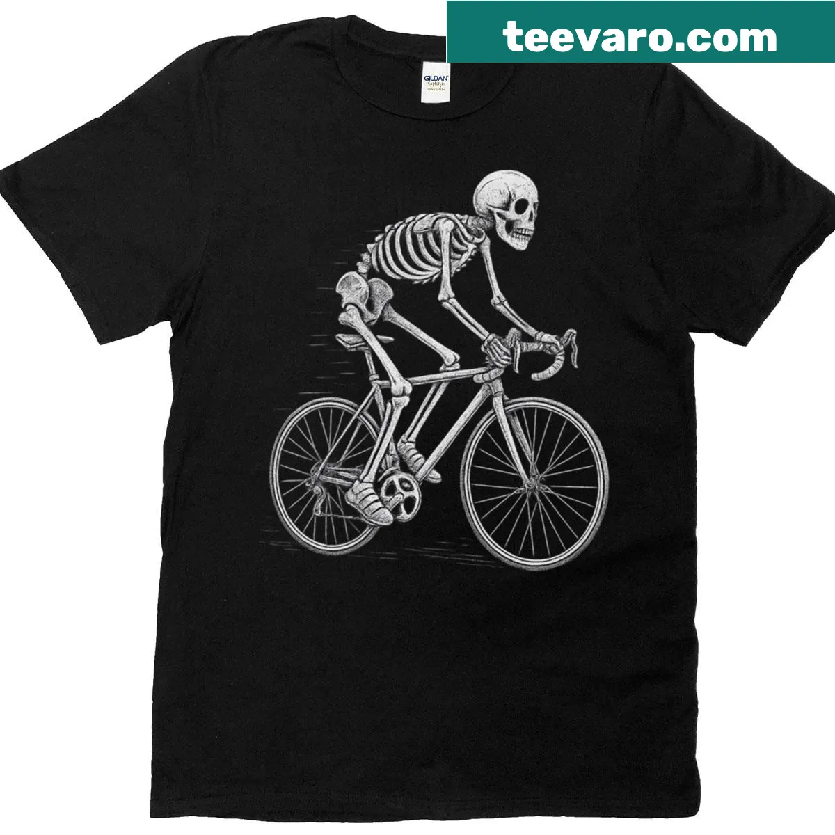 Skeleton riding a bicycle graphic for Halloween — on a men's t-shirt