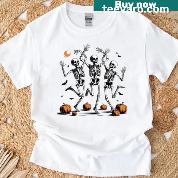 Playful t-shirt featuring dancing skeletons in whimsical art