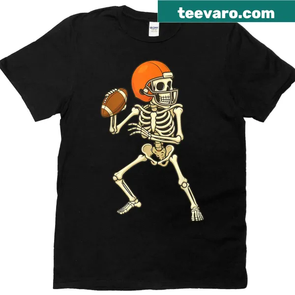 Skeleton in football uniform with Boo text for Halloween