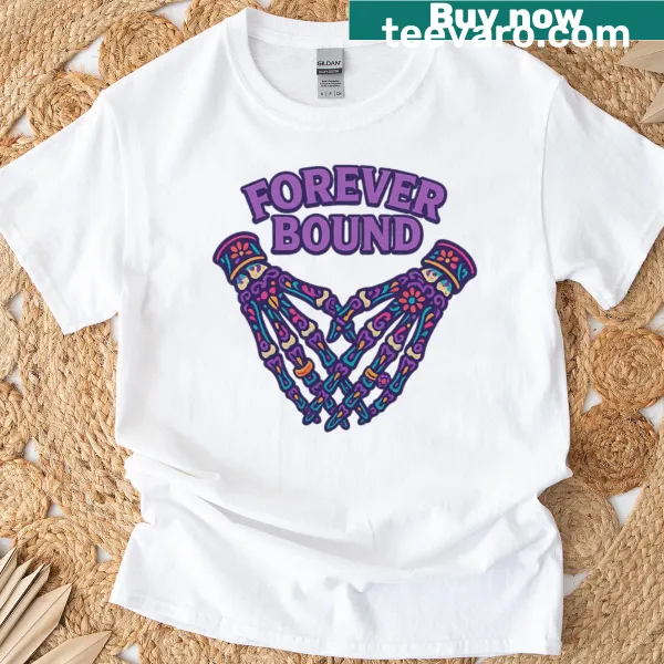 Skeleton hands delicately holding a symbol of eternity on a t-shirt