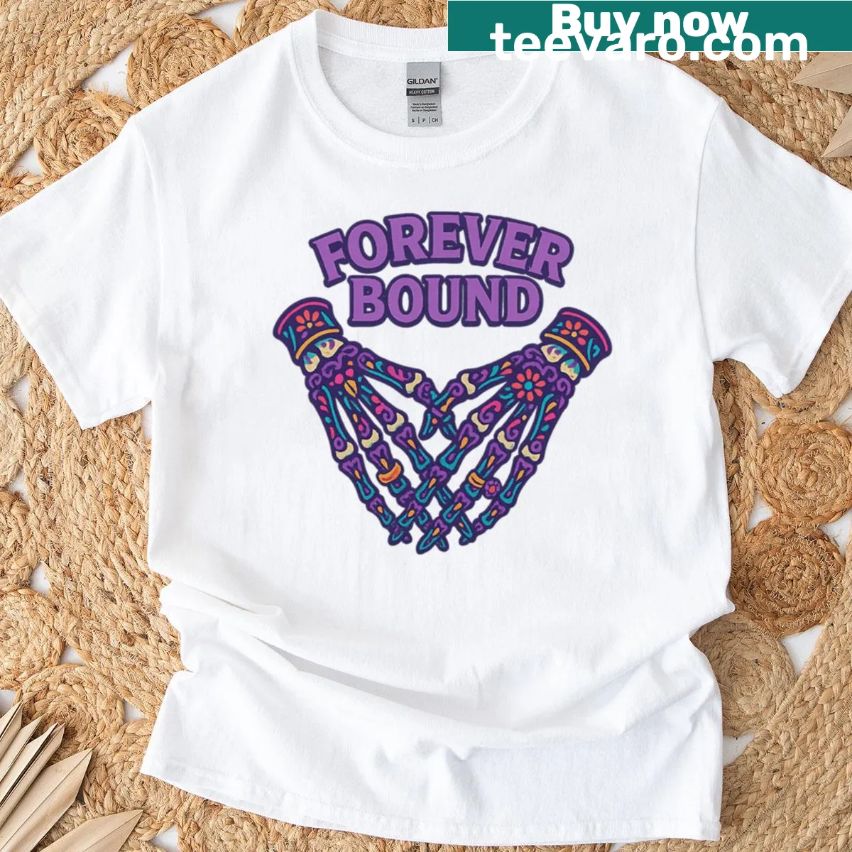 Skeleton hands delicately holding a symbol of eternity on a t-shirt — on a men's t-shirt
