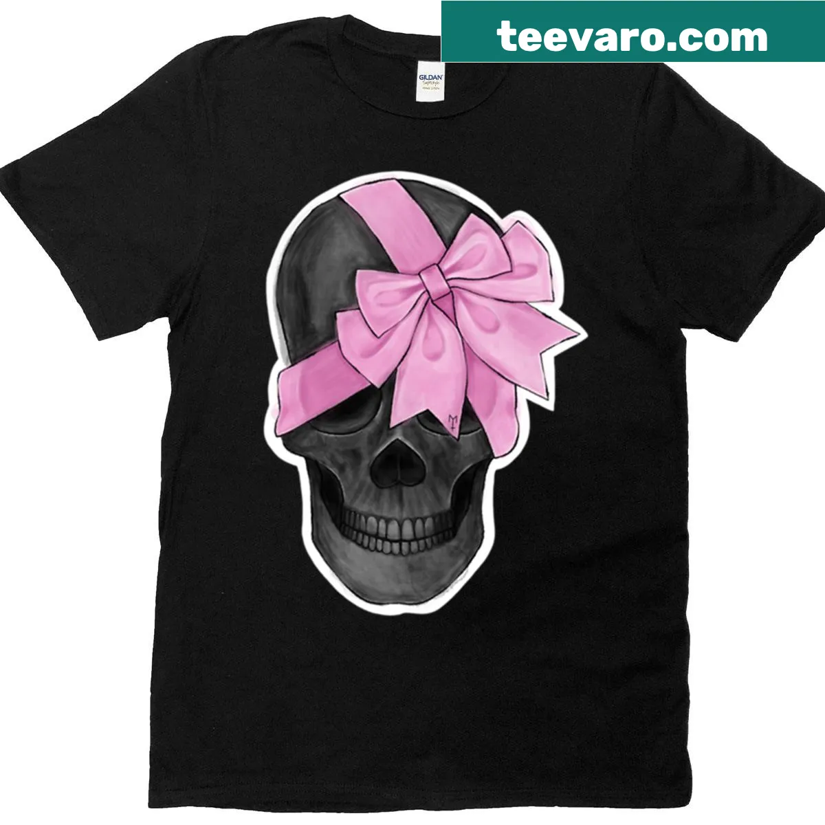 Artistic skull with pink ribbon graphic on T-shirt — on a men's t-shirt