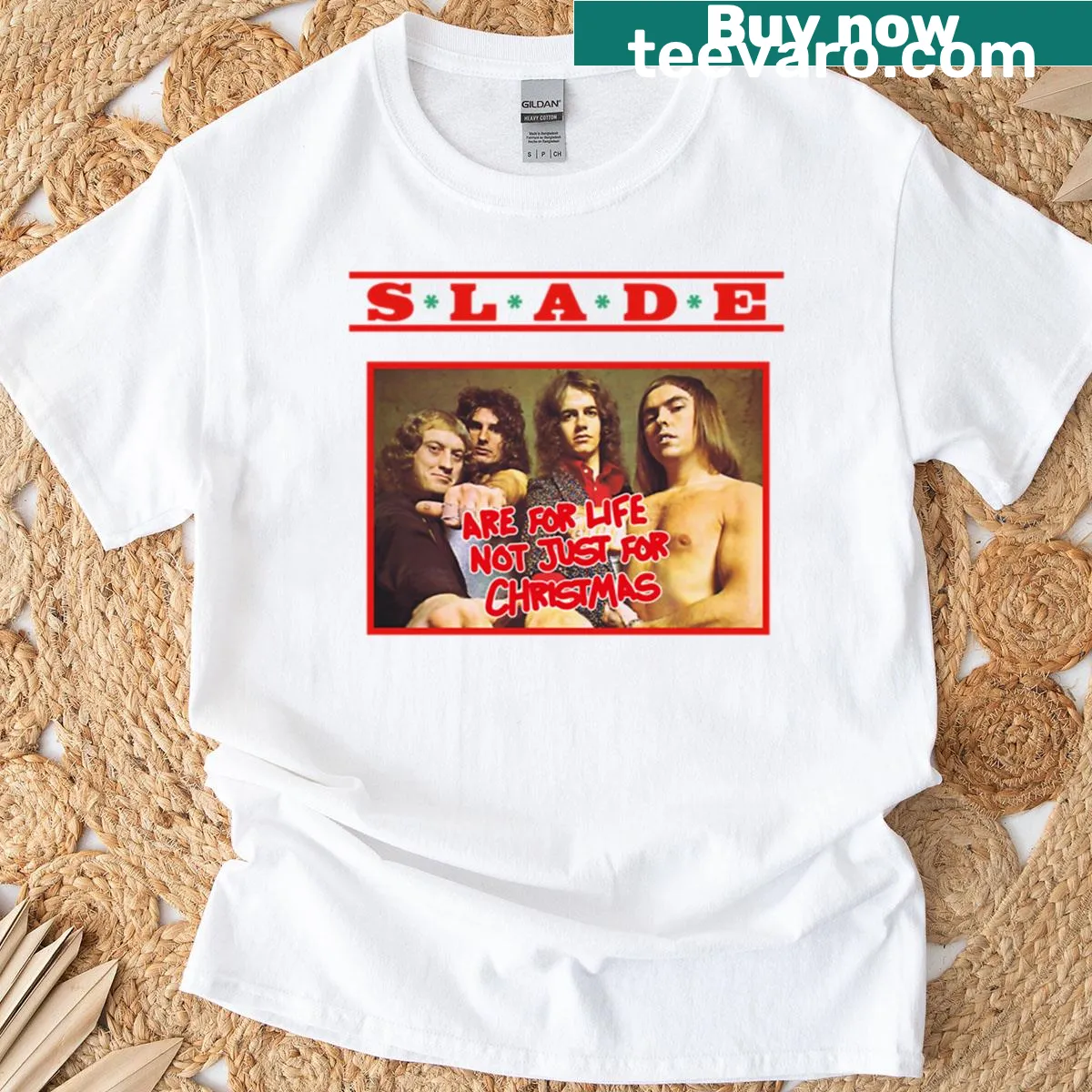Humorous Slade shirt with the phrase 'Not Just For Christmas' — on a men's t-shirt