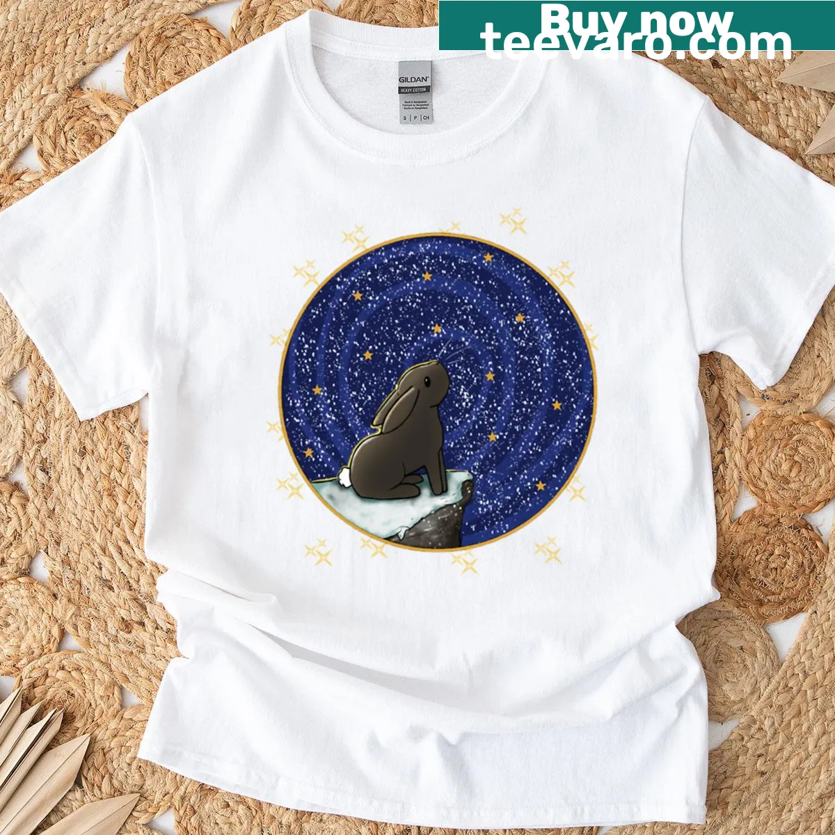 Cartoon bunny on a snowy background T-shirt for kids. — on a men's t-shirt