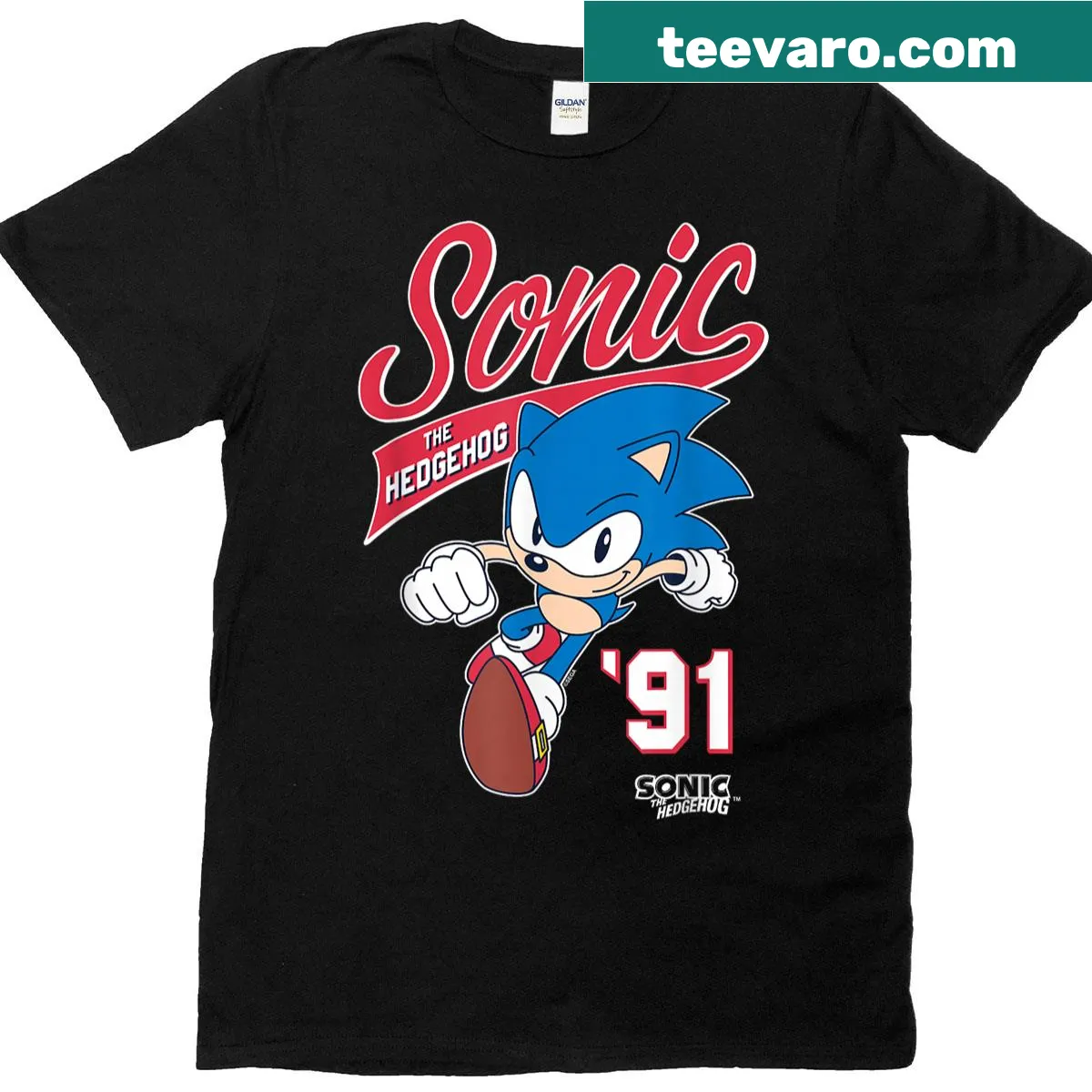 Sonic The Hedgehog 91 Epic Run T-shirt featuring a bold logo design. — on a men's t-shirt