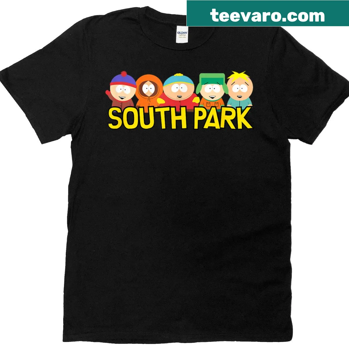 South Park gang graphic T-shirt with logo — on a men's t-shirt