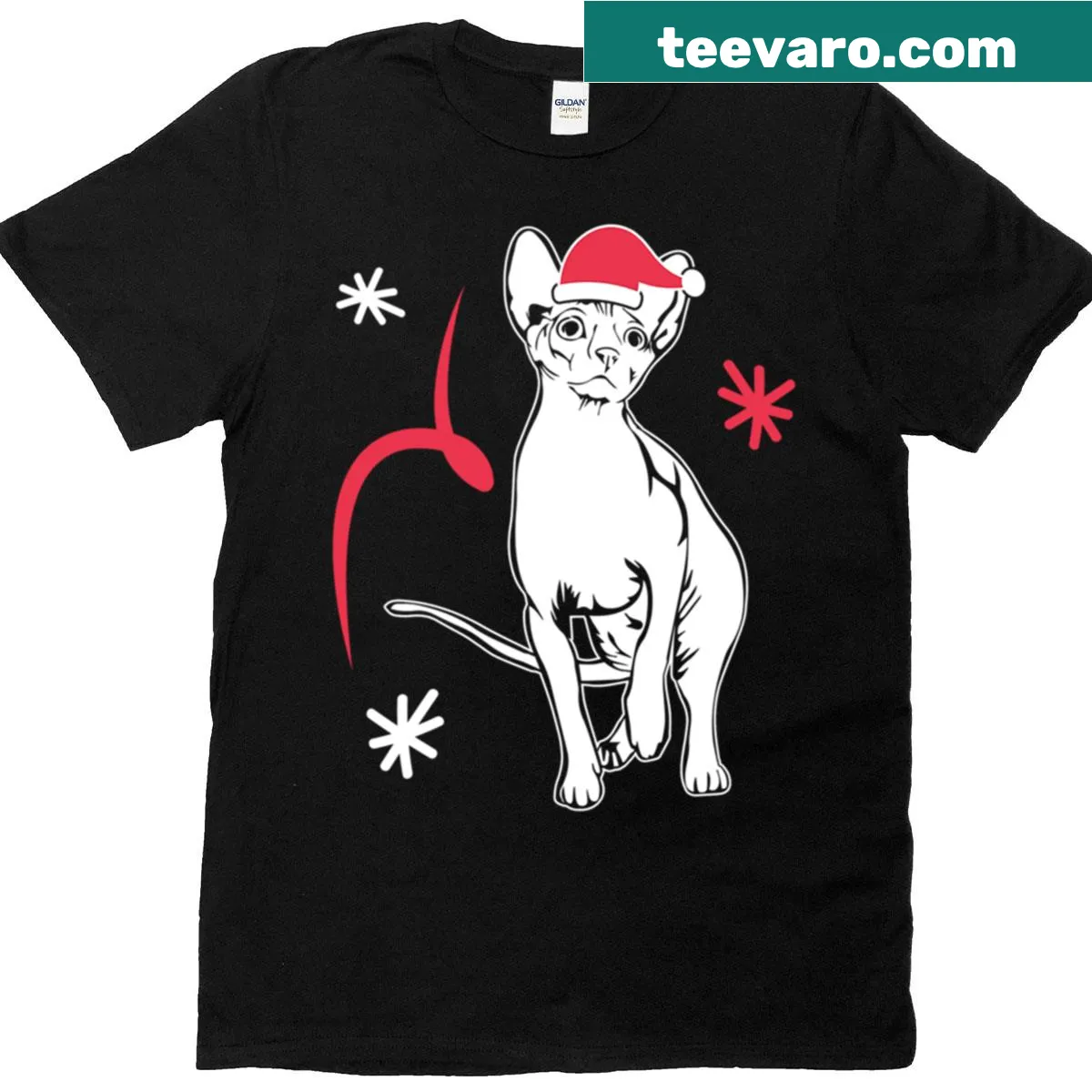 Christmas-themed Sphynx Cat t-shirt with Santa graphic — on a men's t-shirt