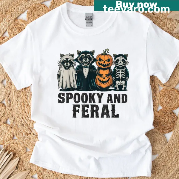 Vintage-style Halloween shirt featuring a playful raccoon design