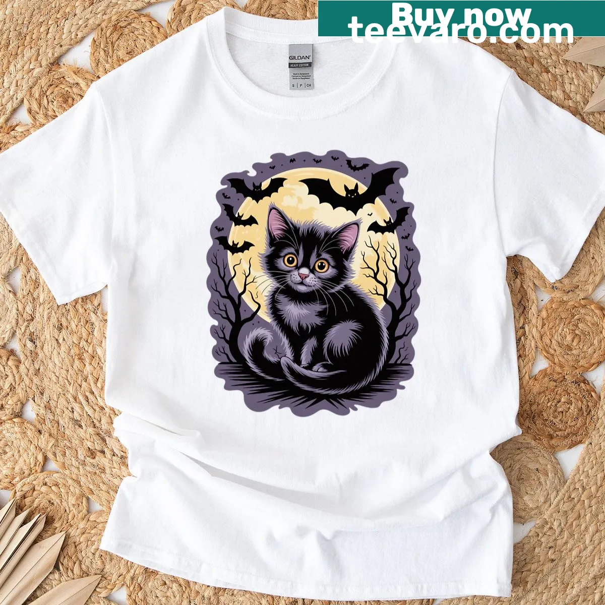 Cute cartoon black cat t-shirt for Halloween — on a men's t-shirt