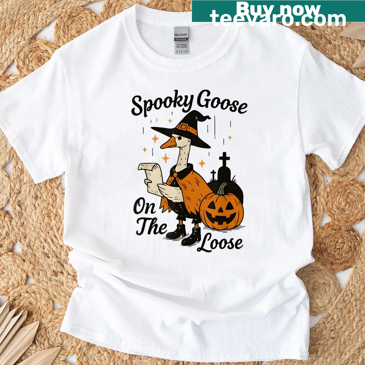 Playful illustration of a spooky goose on a loose t-shirt — on a men's t-shirt