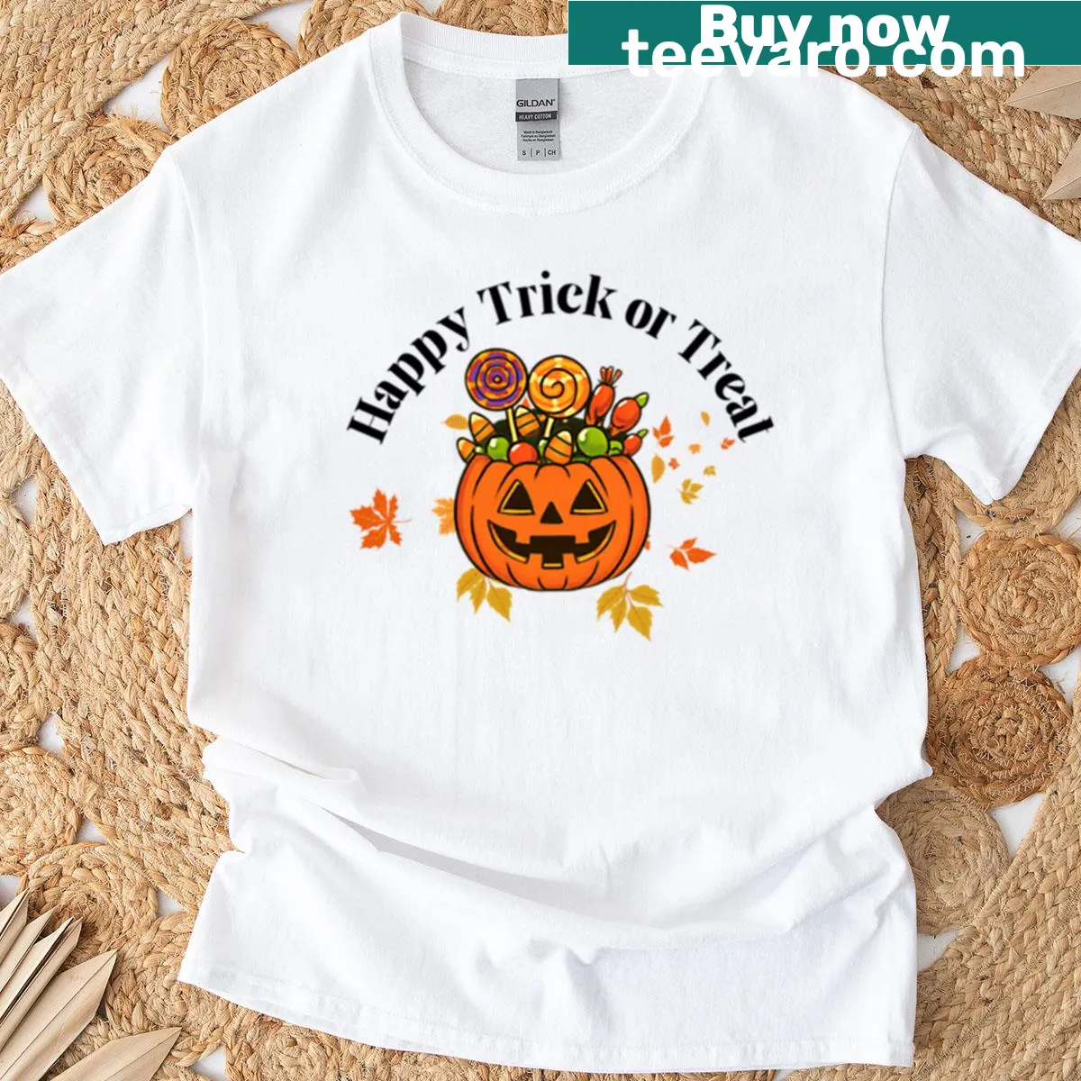 Illustration of pumpkins and candies for Halloween — on a men's t-shirt