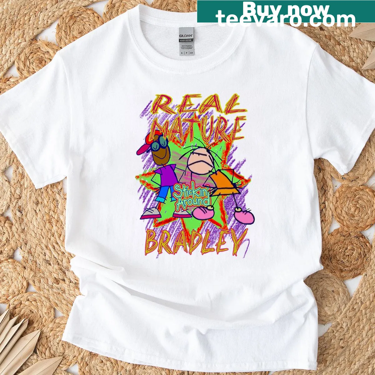 Funny t-shirt with the phrase 'Stickin Around Real Mature' in bold typography — on a men's t-shirt