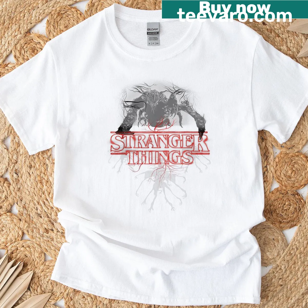 Demogorgon logo t-shirt from Stranger Things with a glow effect — on a men's t-shirt