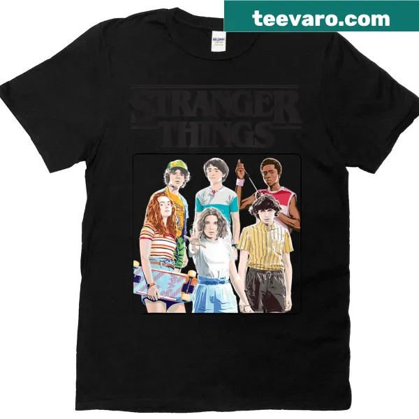 Vintage eighties style t-shirt featuring the Stranger Things logo and group shot