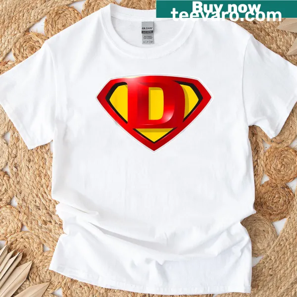 Cute superhero-themed monogram T-shirt featuring the letter D