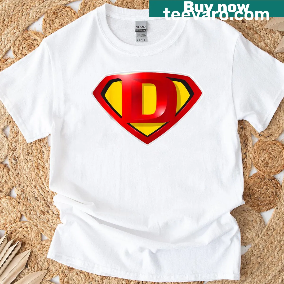 Cute superhero-themed monogram T-shirt featuring the letter D — on a men's t-shirt