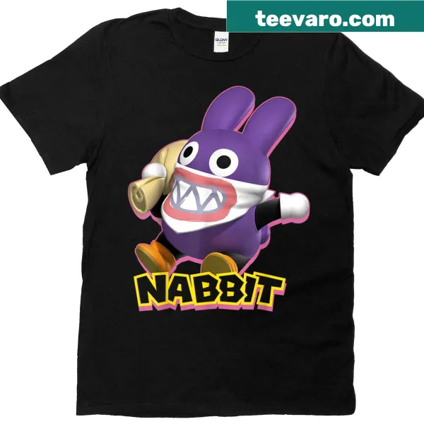 Nabbit in action pose with Super Mario logo on t-shirt