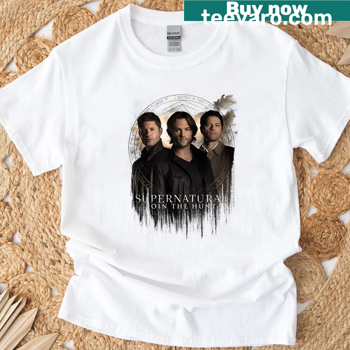 Illustration of Sam, Dean, and Castiel from Supernatural on a T-shirt. — on a men's t-shirt