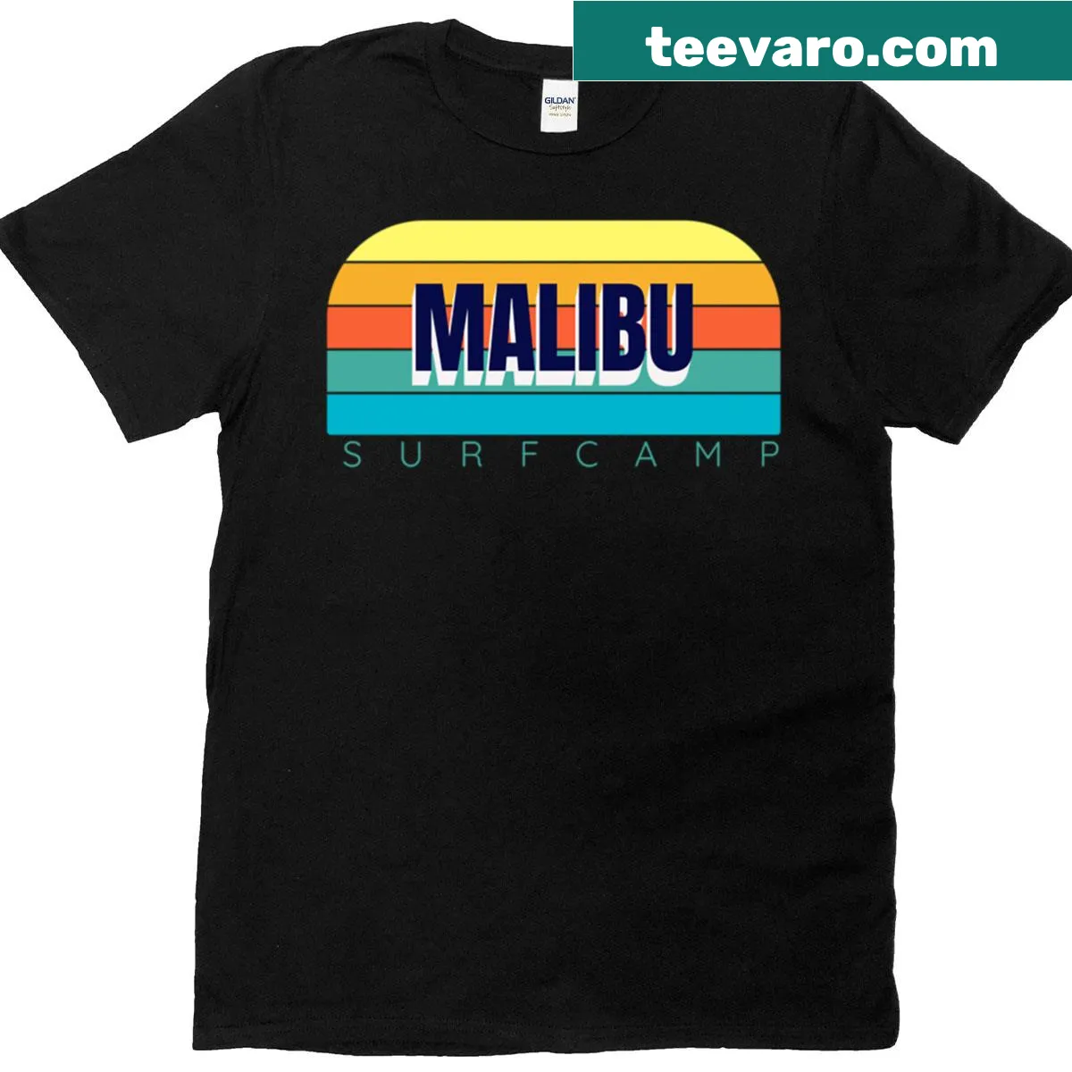 Beach-themed surf camp illustration on t-shirt — on a men's t-shirt