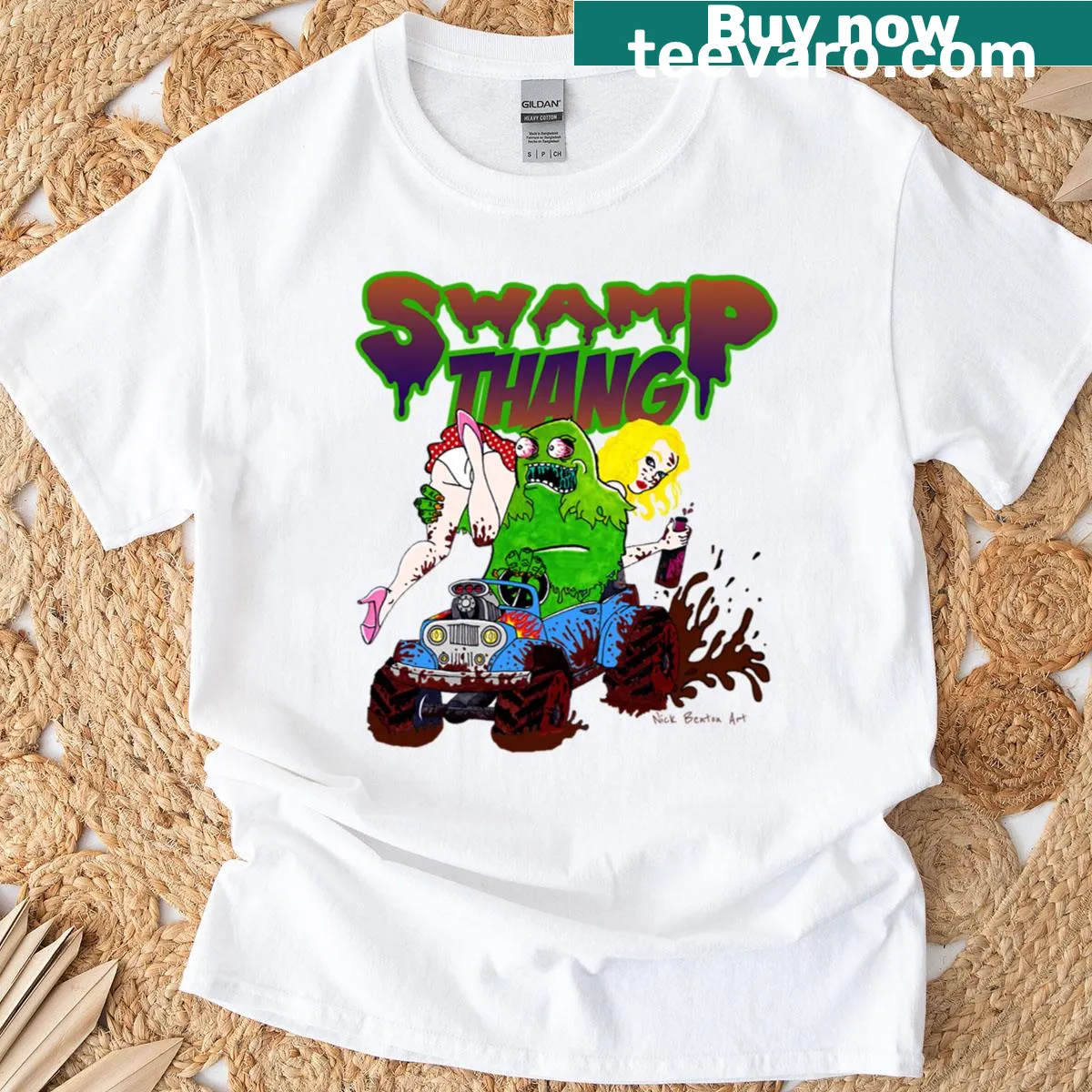 Humorous swamp-themed T-shirt with playful graphic — on a men's t-shirt