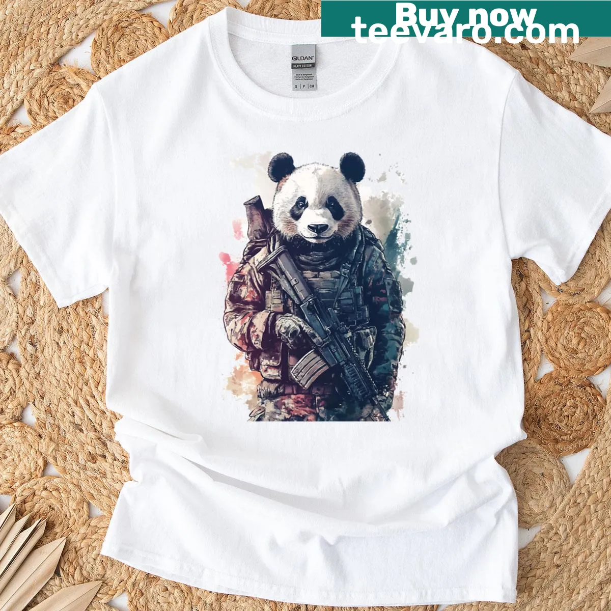 Panda warrior shirt featuring tactical military design — on a men's t-shirt