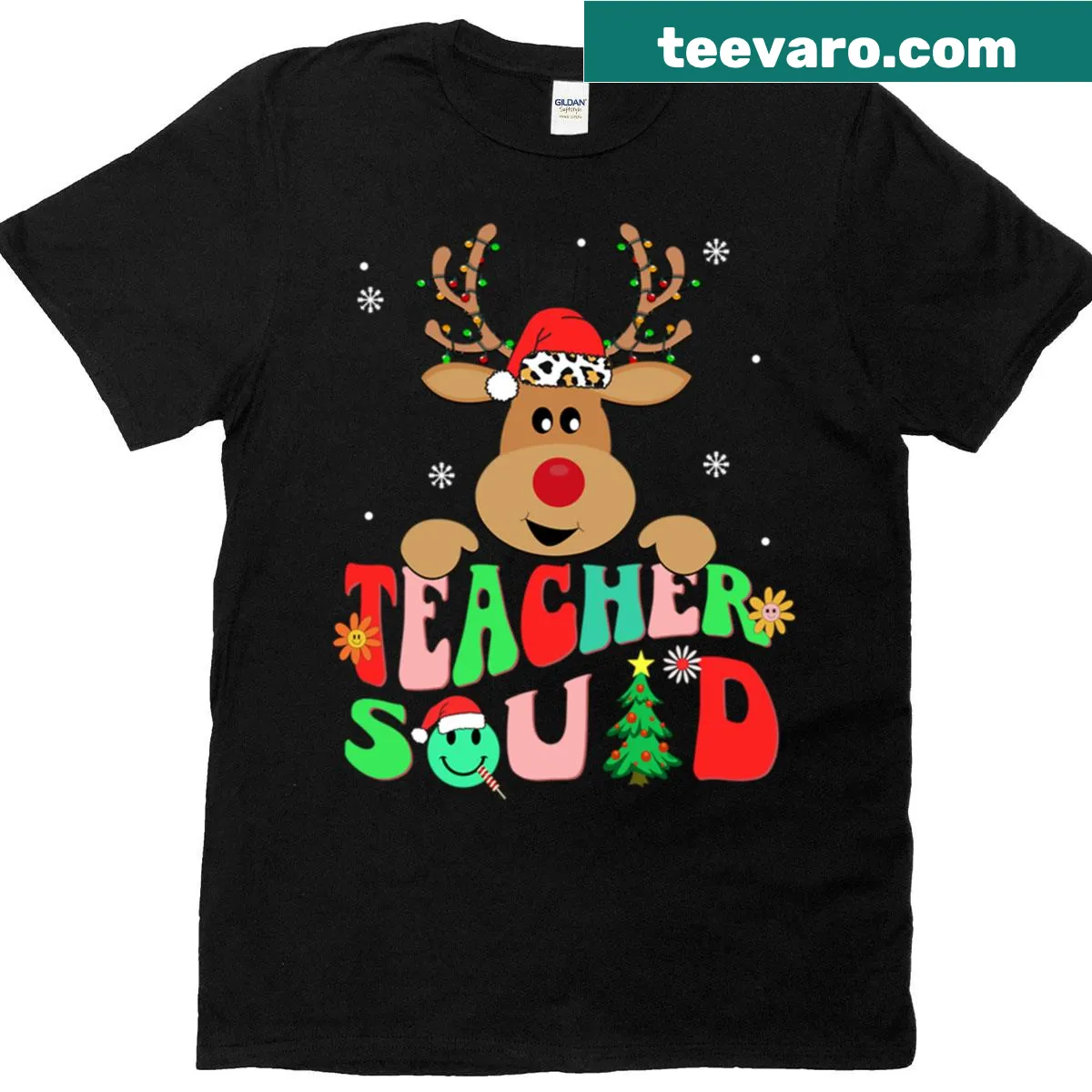 Teacher Christmas shirt with reindeer and 'Matching Teacher Squad' text — on a men's t-shirt