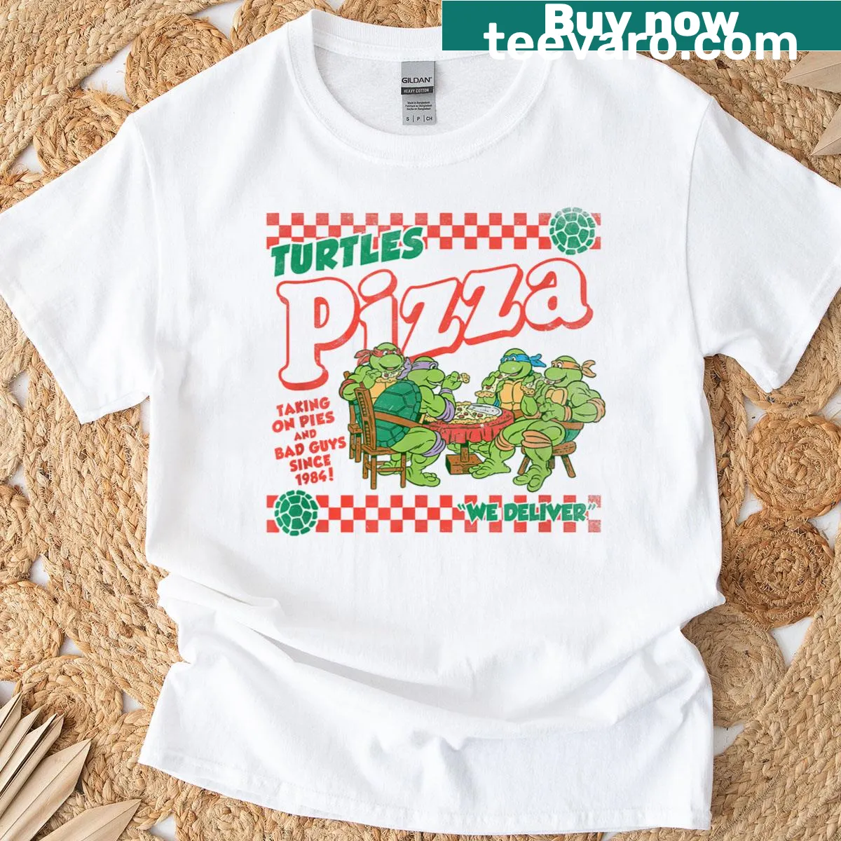 Teenage Mutant Ninja Turtles Pizza Delivery logo T-shirt — on a men's t-shirt