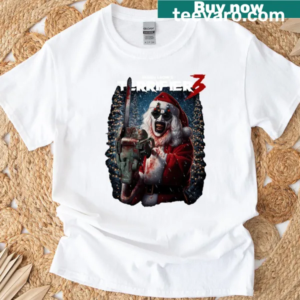 Terrifier 3 Christmas t-shirt featuring horror-themed artwork.