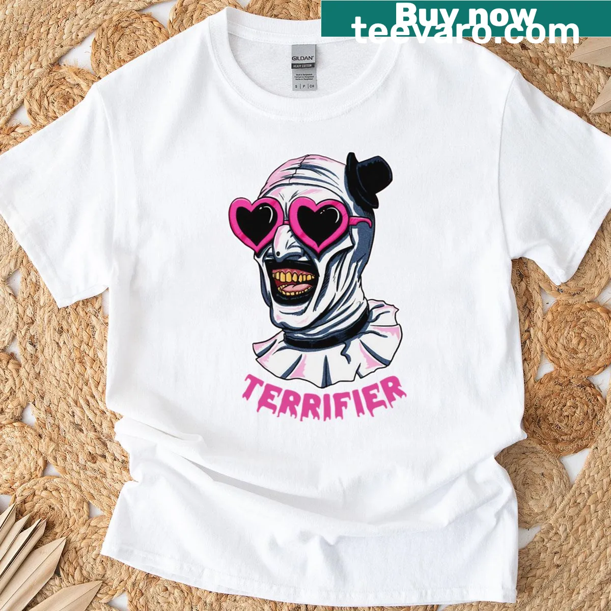 Illustrated T-shirt of Art the Clown with heart glasses — on a men's t-shirt
