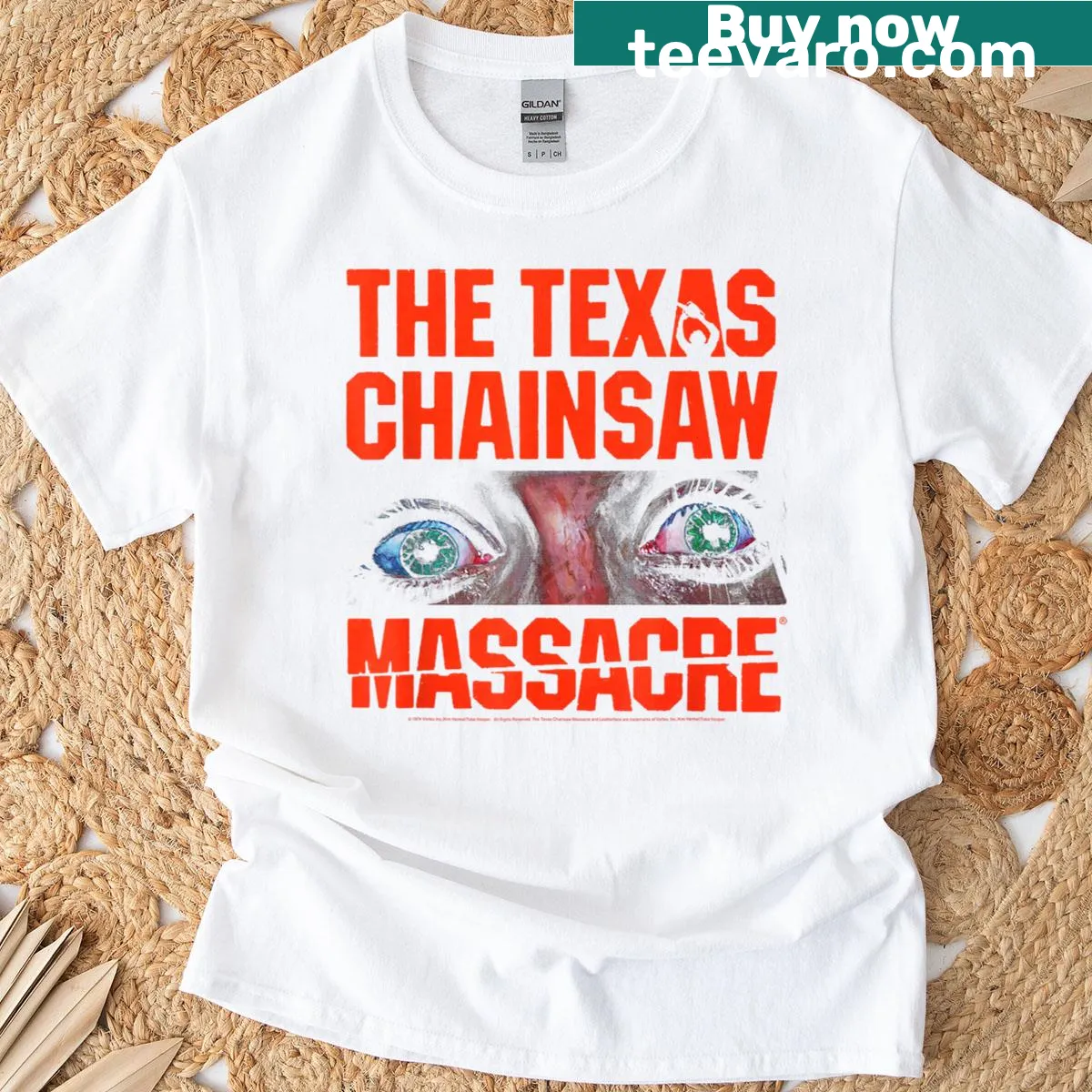 Texas Chainsaw Massacre T-shirt with Sally's eyes and large logo — on a men's t-shirt