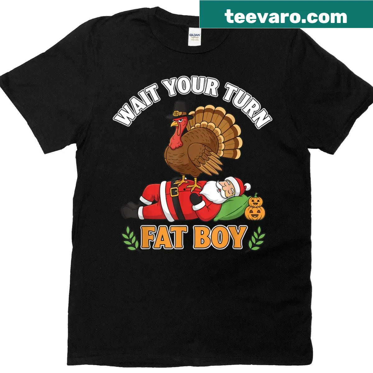 Funny Thanksgiving t-shirt with turkey and Santa graphic — on a men's t-shirt