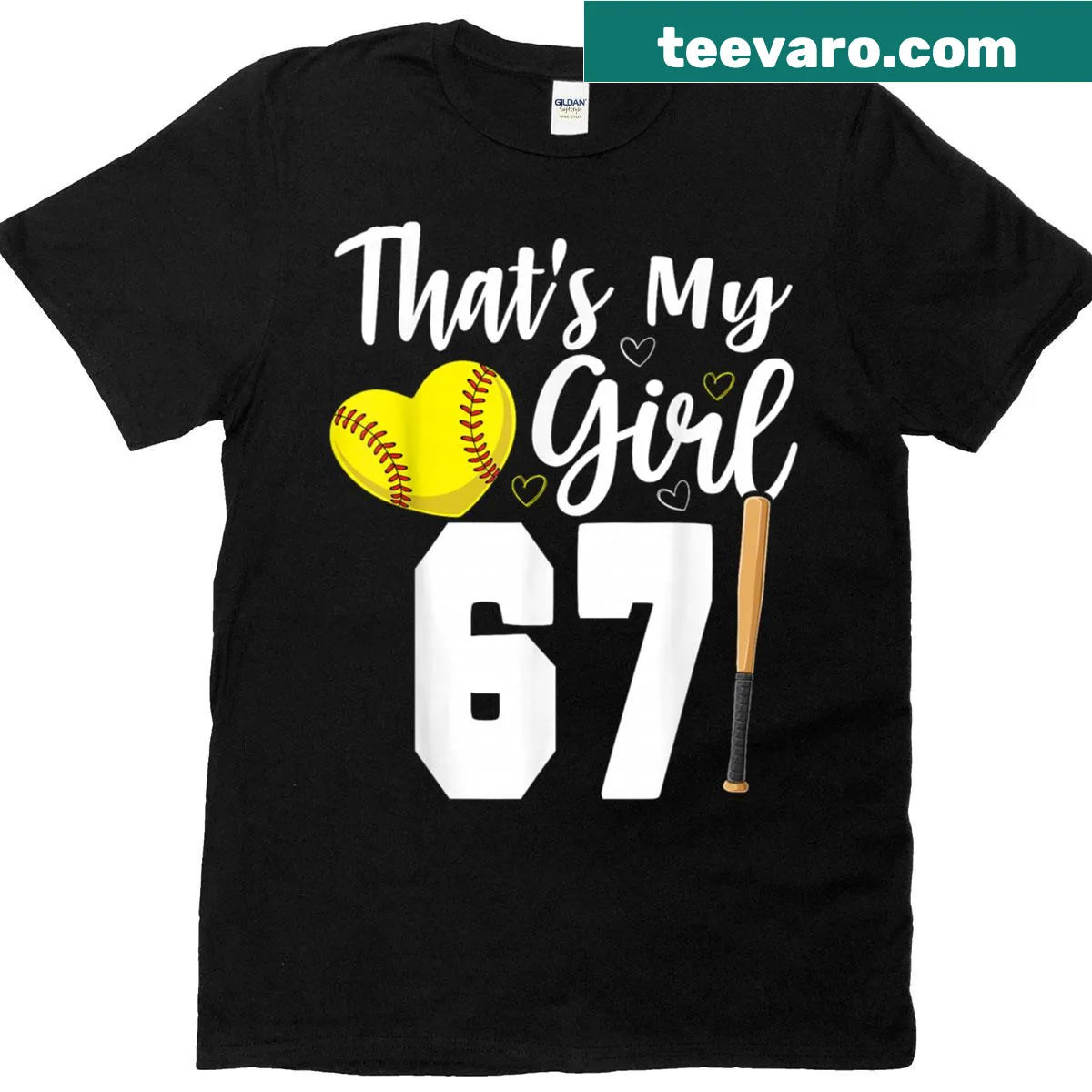 Softball themed shirt with number 67 — on a men's t-shirt
